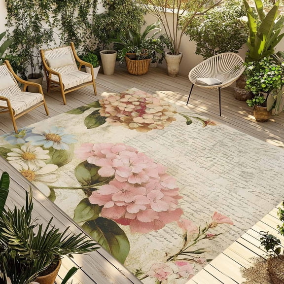 Fsddascl Pink Orange Hydrangea Outdoor Rug for Patio/Deck/Porch, Non-Slip Large Area Rug 4 x 6 Ft, Spring Vintage Botanical Flowers Indoor Outdoor Rugs Washable Area Rugs, Camping Rug Carpet