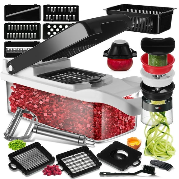Virtu Vegetable Chopper with container, 21-piece food chopper, Multifunctional vegetable cutter, onion chopper dicer, salad chopper, vegetable spiralizer, julienne peeler