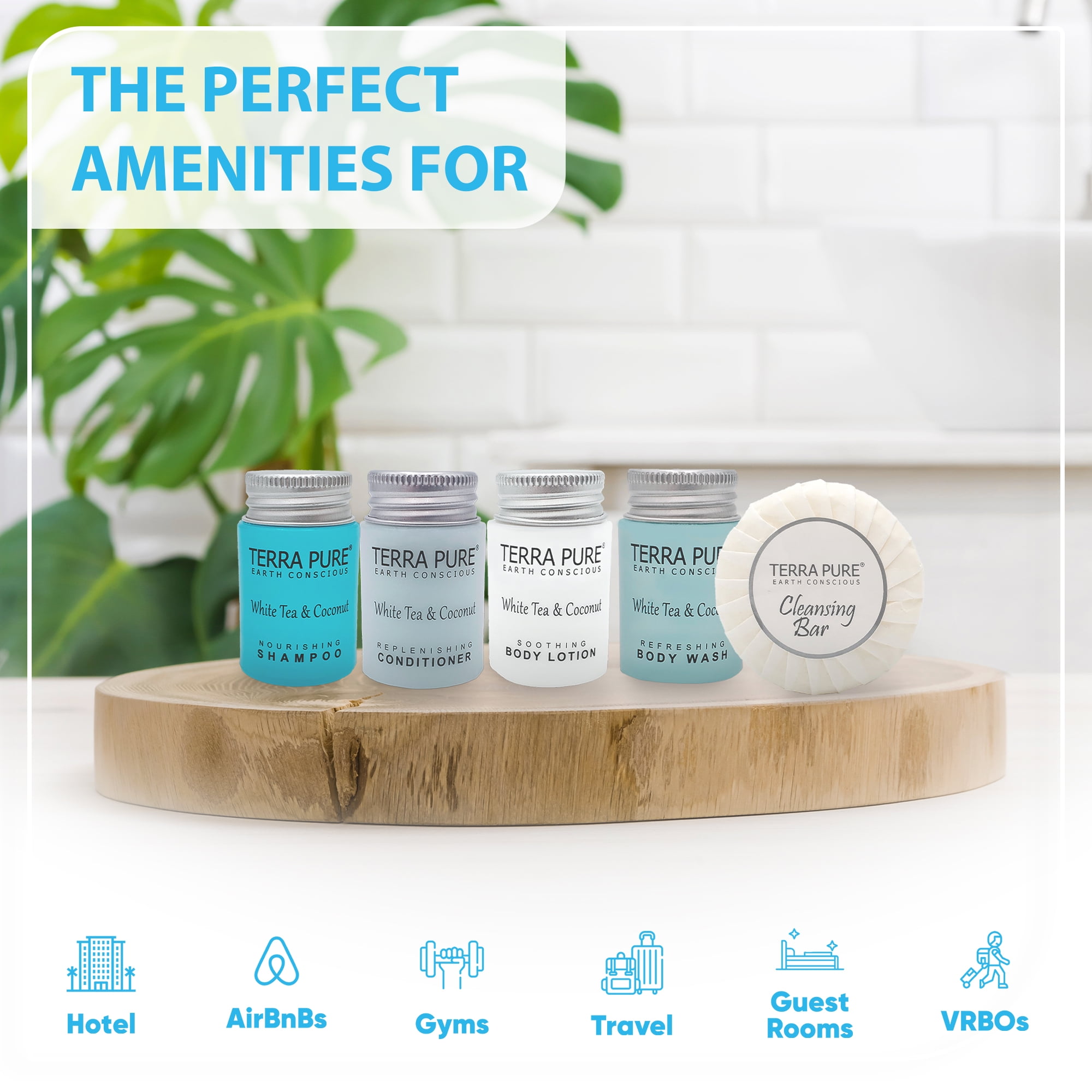 Terra Pure White Tea and Coconut Hotel Soaps and Toiletries Bulk Set | 1-Shoppe All-In-Kit for Hotels | 1oz Shampoo & Conditioner, Body Wash, Lotion & 1.25oz Bar Soap | Travel Size Toiletries 150 Piec