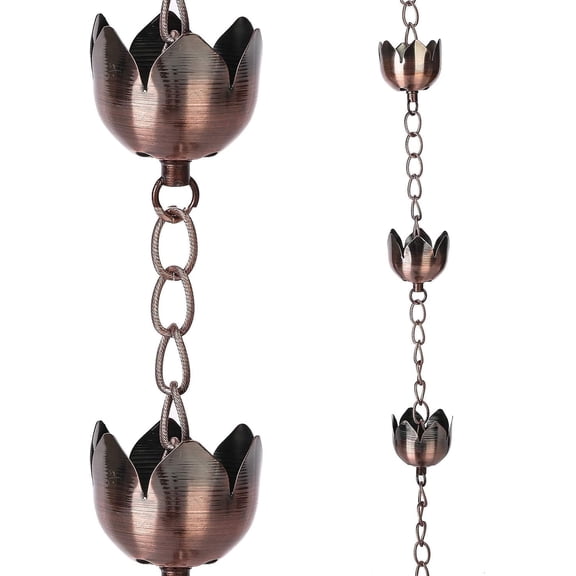 Topadorn Lotus Rain Chain, 72" Antique Copper Finish Metal Gutter Chain with 8 Flower Cups, Adjustable Rainwater Diverter for Outdoor Garden Decor