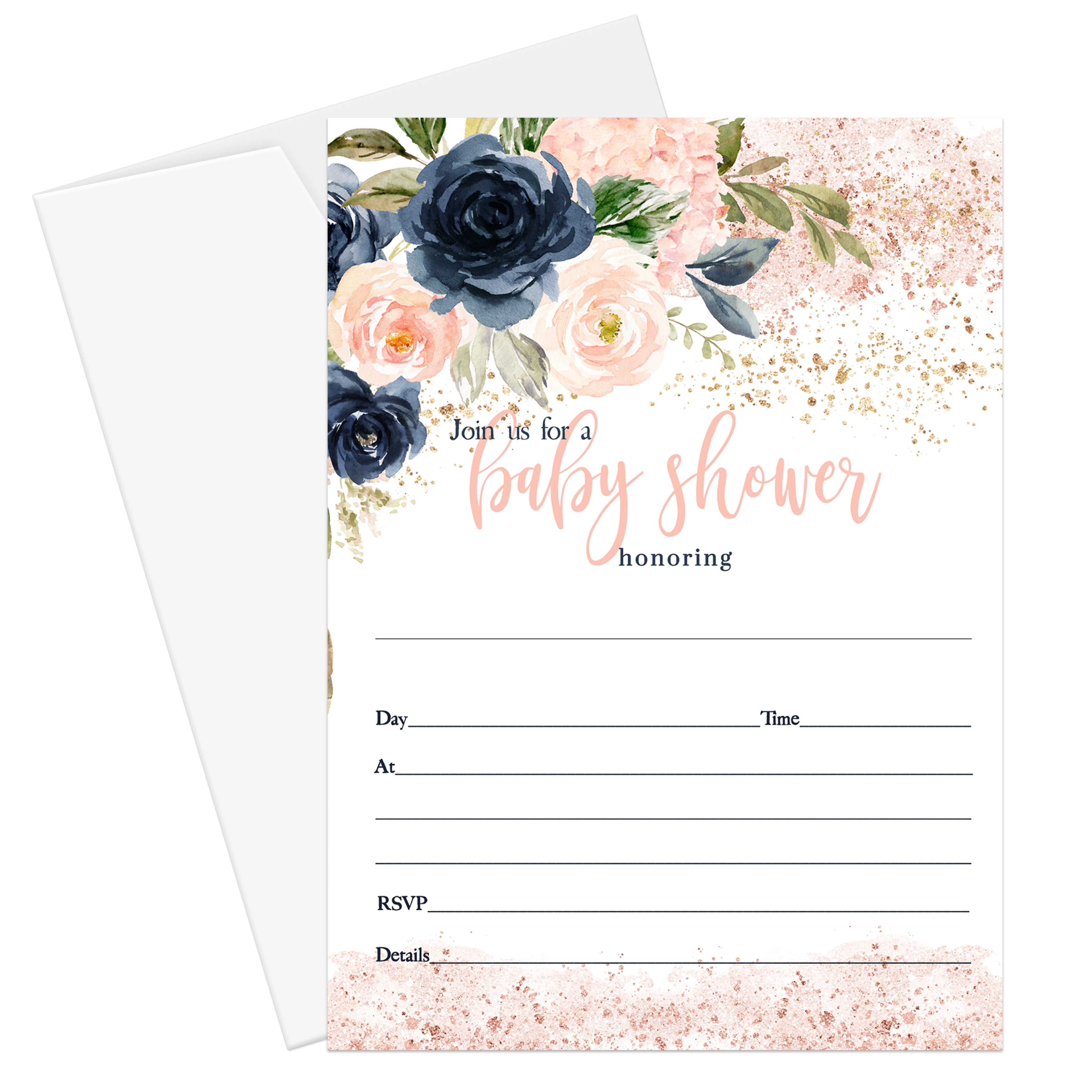 Blush Girls Baby Shower Invitations with Envelopes Pack of 25 Blank Invite  Card Set with Navy Pink and Gold Country Floral Theme Reveal Sprinkle  Handwrite Details DIY Paper Clever Party - Walmart.com