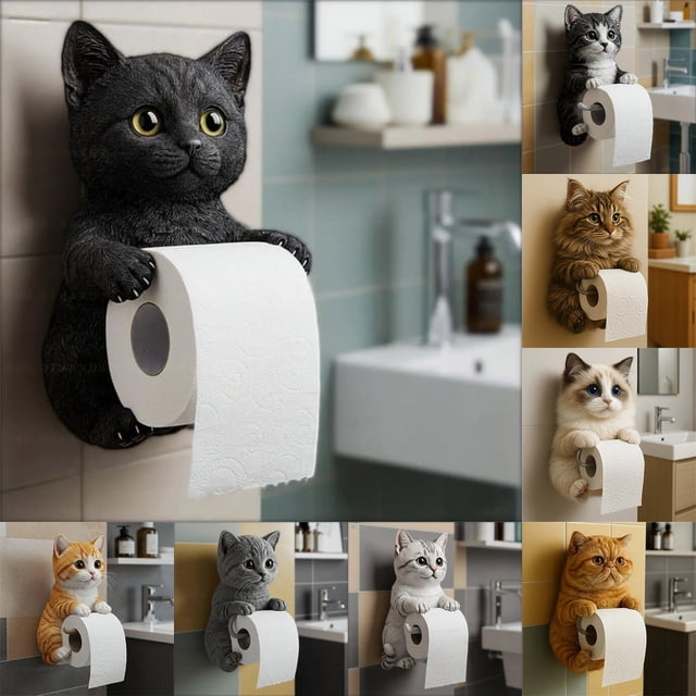Dispensador de Papel de Cocina de Pared con Forma de Gato Atigrado Gris | Material de Resina | Dispensador Decorativo de Papel Higiénico | Regalo Ideal | 1 Unidad