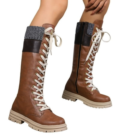 YHIWU Boots for Women 2024 Cowboy Boots for Women Ladies Fashion Winter Vintage Panel Leather Front Lace Up Thick Heel Knee Length Boots Wide Calf Western Boots