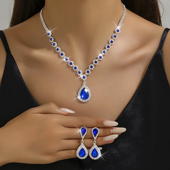 Faty-T Rhinestone Necklace Earrings Set Silver Bridal Wedding Jewelry Sets Diamond Prom Formal Costume Jewelry for Women and Brides