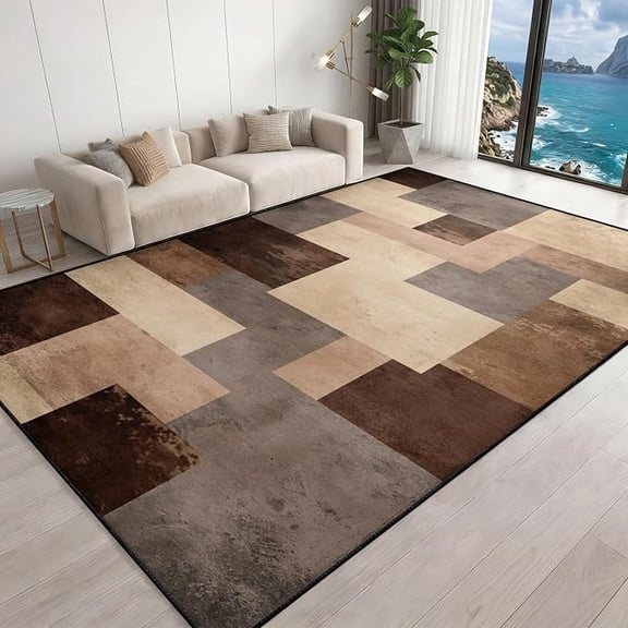 Modern Abstract Geometric Area Rug, Brown Beige Gray Patchwork Rugs, Vintage Minimalist Rugs Washable Low-Pile Rug for Living Room Bedroom Modern Farmhouse Decor 4 x 6ft