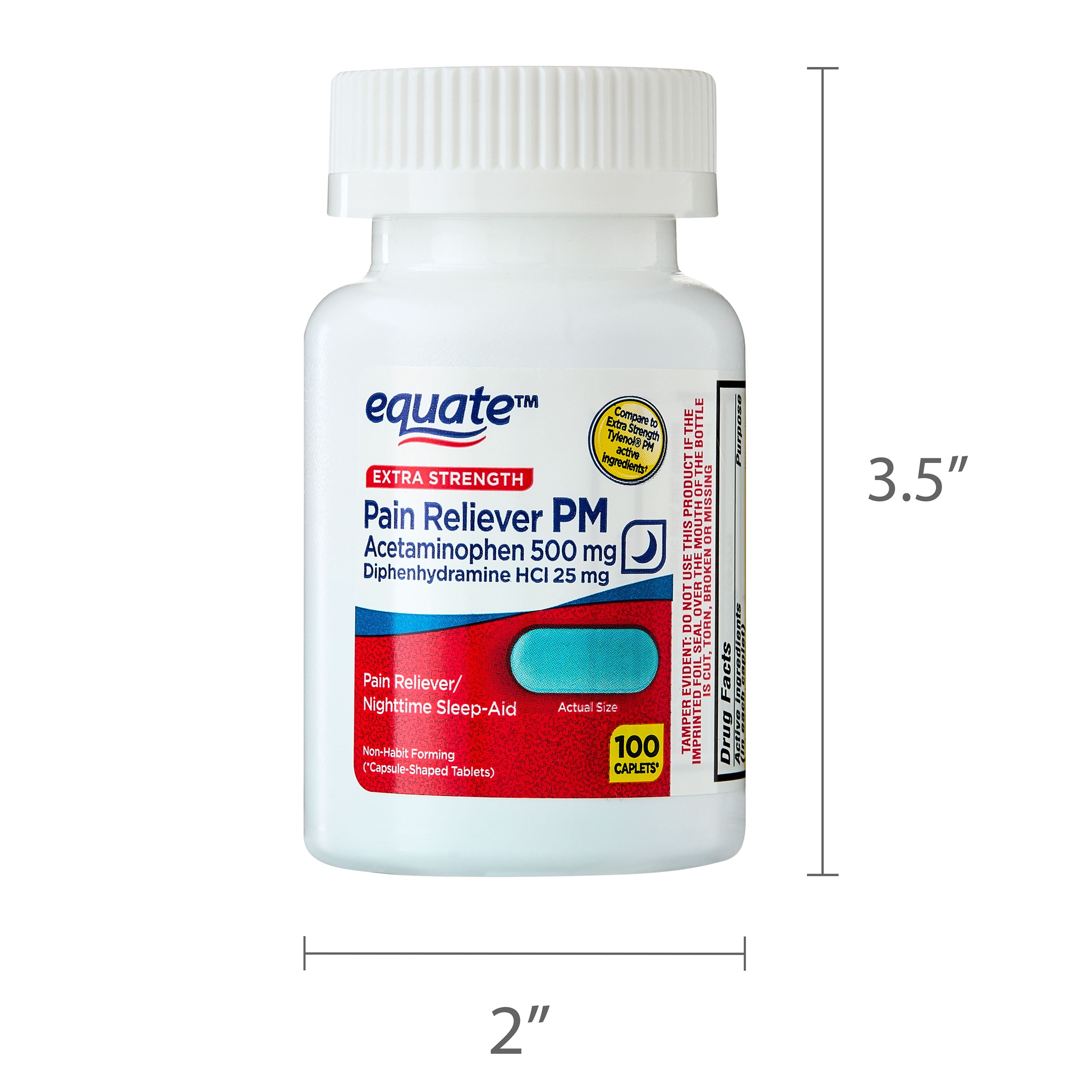 Equate Extra Strength Pain Reliever PM Acetaminophen 500mg and Diphenhydramine HCI 25mg Caplets, 100 Count, Compare to TylenolÂ® PM Extra Strength Active Ingredients