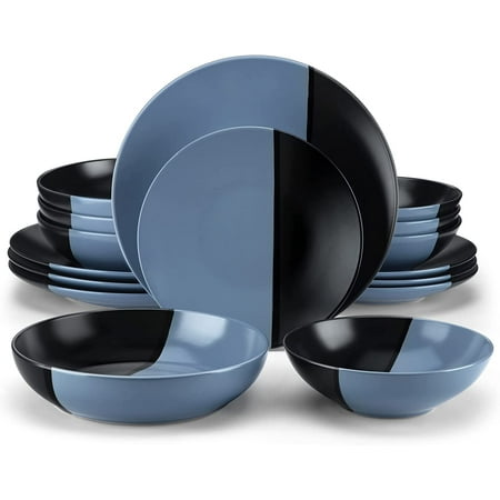 

vancasso ACCEL Stoneware Dinnerware Set 16-Piece Service for 4 Dinner Plates Dessert Plates Pasta Bowls Cereal Bowls Black&Blue