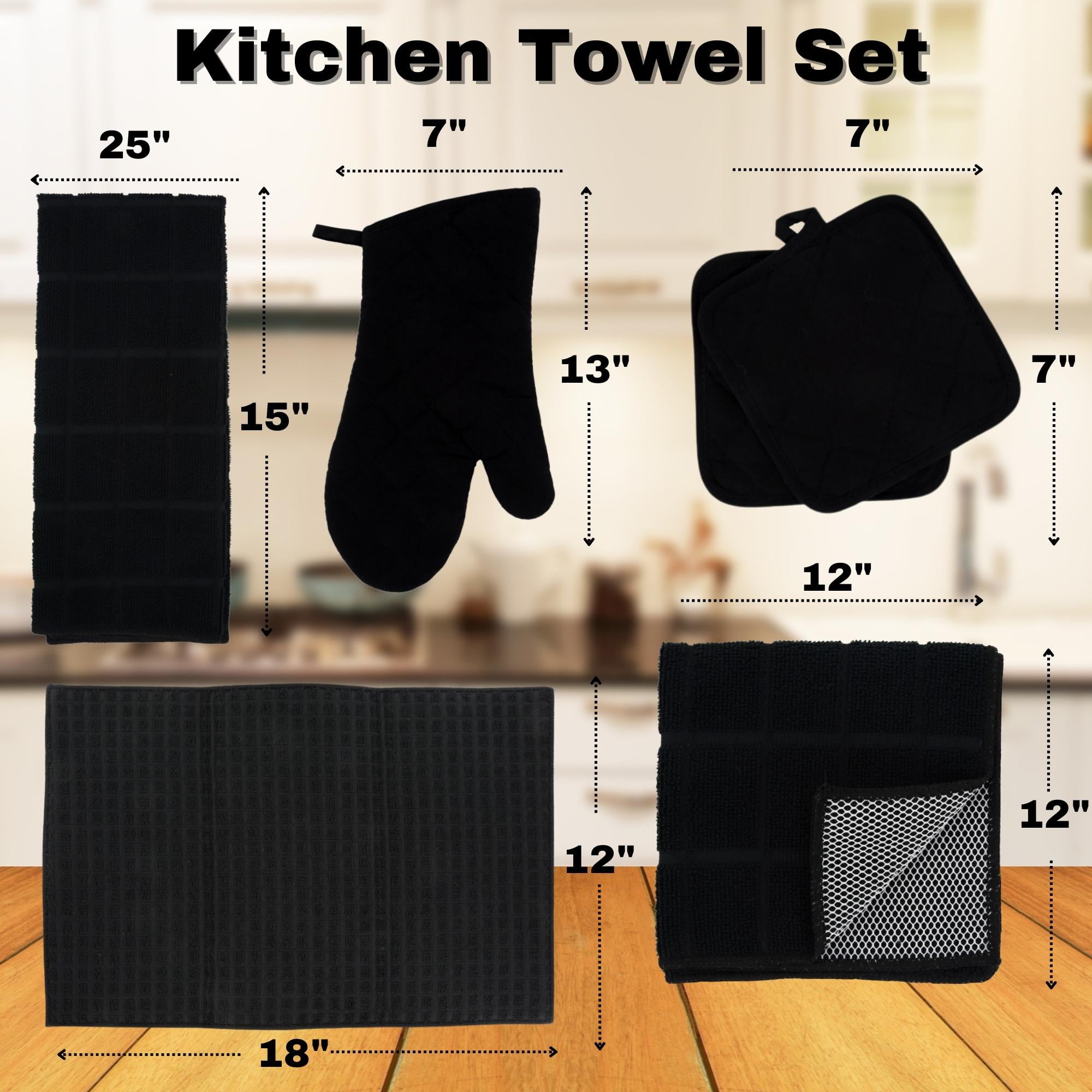 Kitchen Linen Towel Set 7pcs Home Collection with Quilted Pot Holders Oven Mitts Dish Towel Drying Mat & Microfiber Scrubber for Safe Baking Cooking Grilling Kitchen Accessories and Supplies (Black)