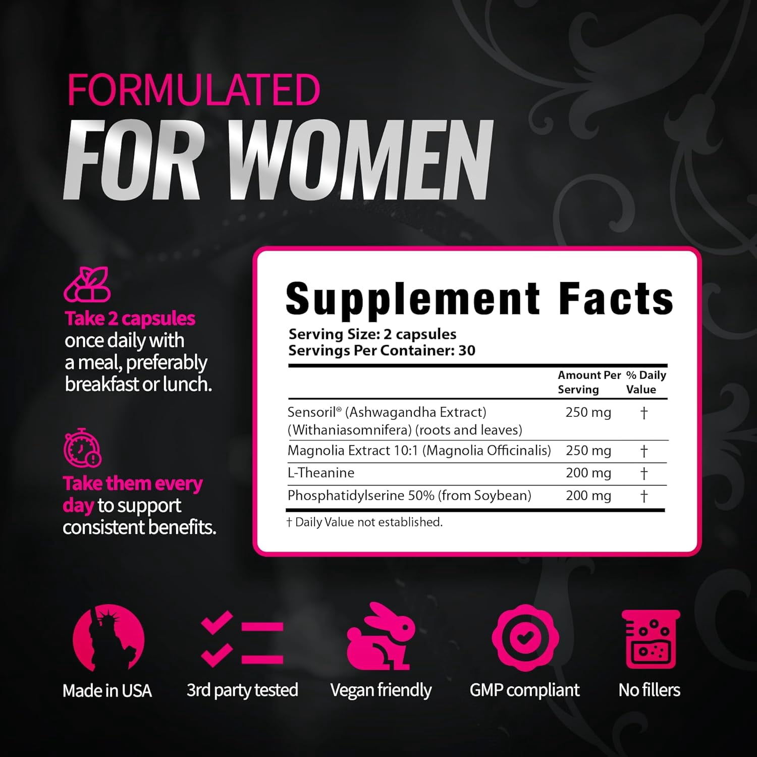 Cortisol Support for Women - Stress & Mood Balance Supplement with Sensoril® Ashwagandha, Magnolia Bark, L-Theanine & Phosphatidylserine - Supports Calm, Focus & Sleep Quality (60 Vegan Capsules)