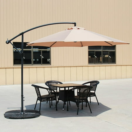 Baner Garden 10' Offset Hanging Patio Adjustable Umbrella Outdoor Parasol Cantilever Set with 4 pieces Heavy Duty Stand, Light Brown (Best Price Cantilever Umbrella)