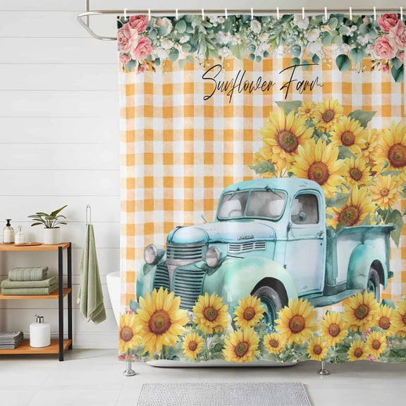 Shower Curtains for Bathroom, Sunflowers Trucks Waterproof Fabric Shower Curtain, Spring Farmhouse Eucalyptus Orange Plaid Decorative Bathroom Curtain for Bathtub, 36"x72", No Hooks Included
