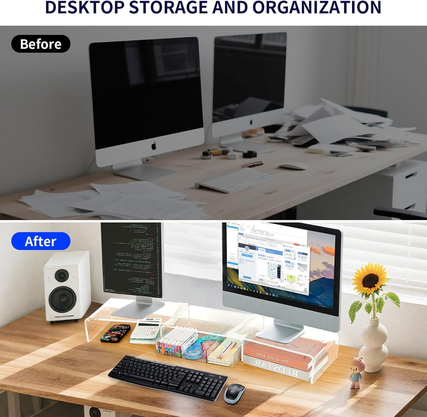 Clear Acrylic Dual Monitor Stand Riser with Drawer - Ergonomic Computer Desk Shelf Organizer for Office Workspace, Holds 2 Screens Up to 55lbs, Transparent Desktop Storage Rack