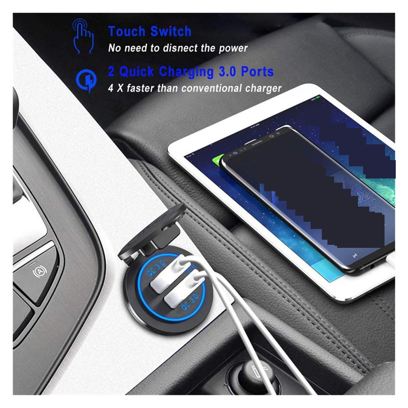 Touch Switch Car Dual USB Charger Socket Waterproof Universal Mobile Phone Truck Charging Tablet Charge For Phone Charging Station For Multiple Devices ,Multi-Device Charger