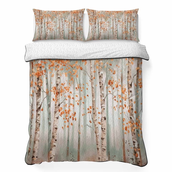 Full Quilt Set 78''x90'', Orange Grey Forest Lightweight Summer Bedspread Coverlet Set with 2 Pillow Shams, Grey Modern Art Oil Painting Breathable All Season Quilt Bedding for Bedroom/Guest Room
