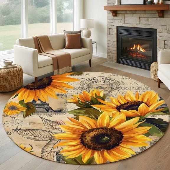 Round Area Rug 6 Ft, Yellow Sunflower Washable Non-Slip Circle Carpet for Living Room/Bedroom, Watercolor Retro Floral Plant Leaf Low-Profile Indoor Mats Collection Rugs for Residential