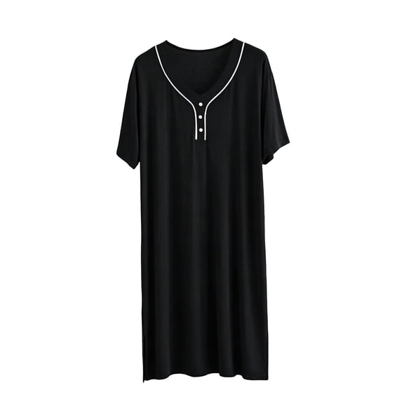 USNSM Men's V-Neck Button Short Sleeve Modal Henley Nightshirt, Soft Loose Comfy Sleepwear Home Robes Breathable Bathrobe Black L
