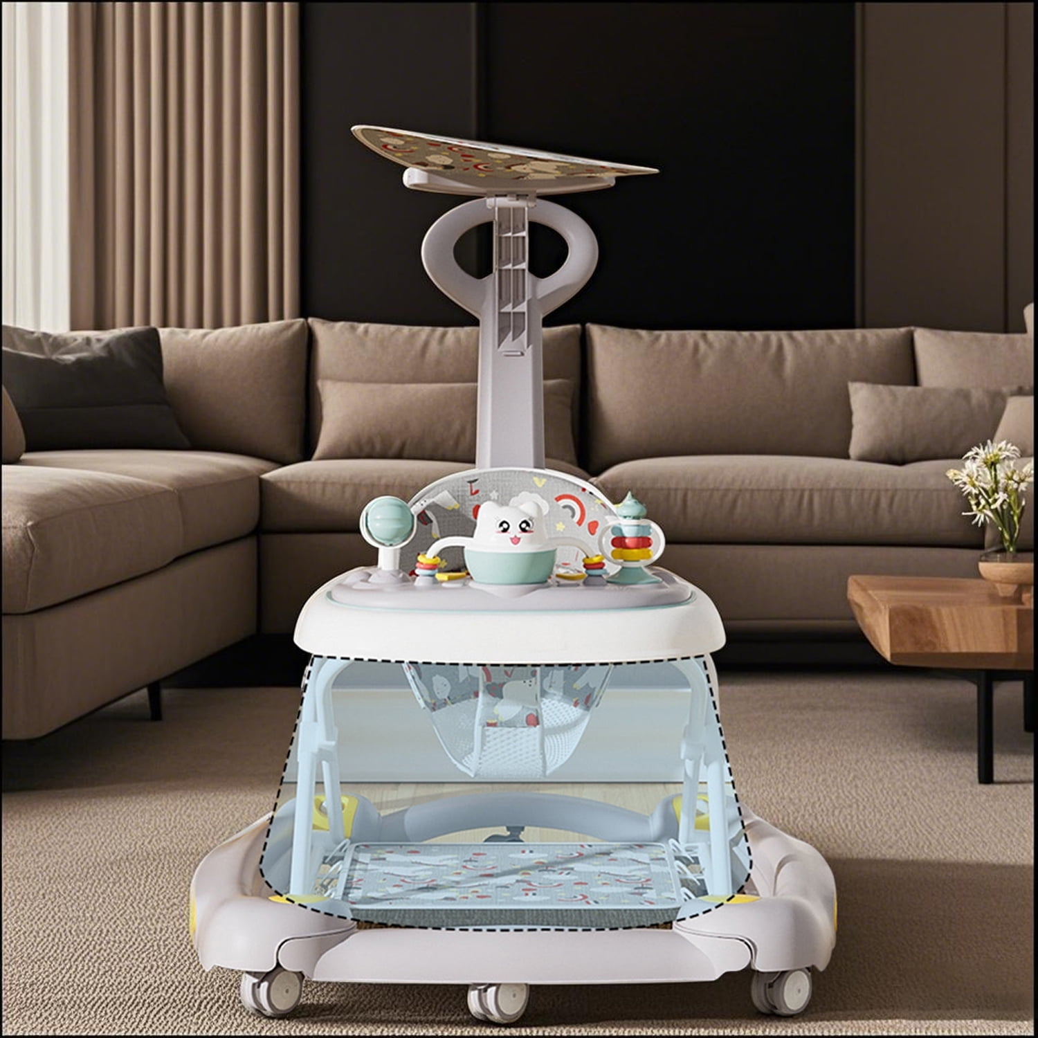 PUEDO 4-in-1 Folding Baby Walker with Music & Interactive Toys, Adjustable Wheels for Boys and Girls,White