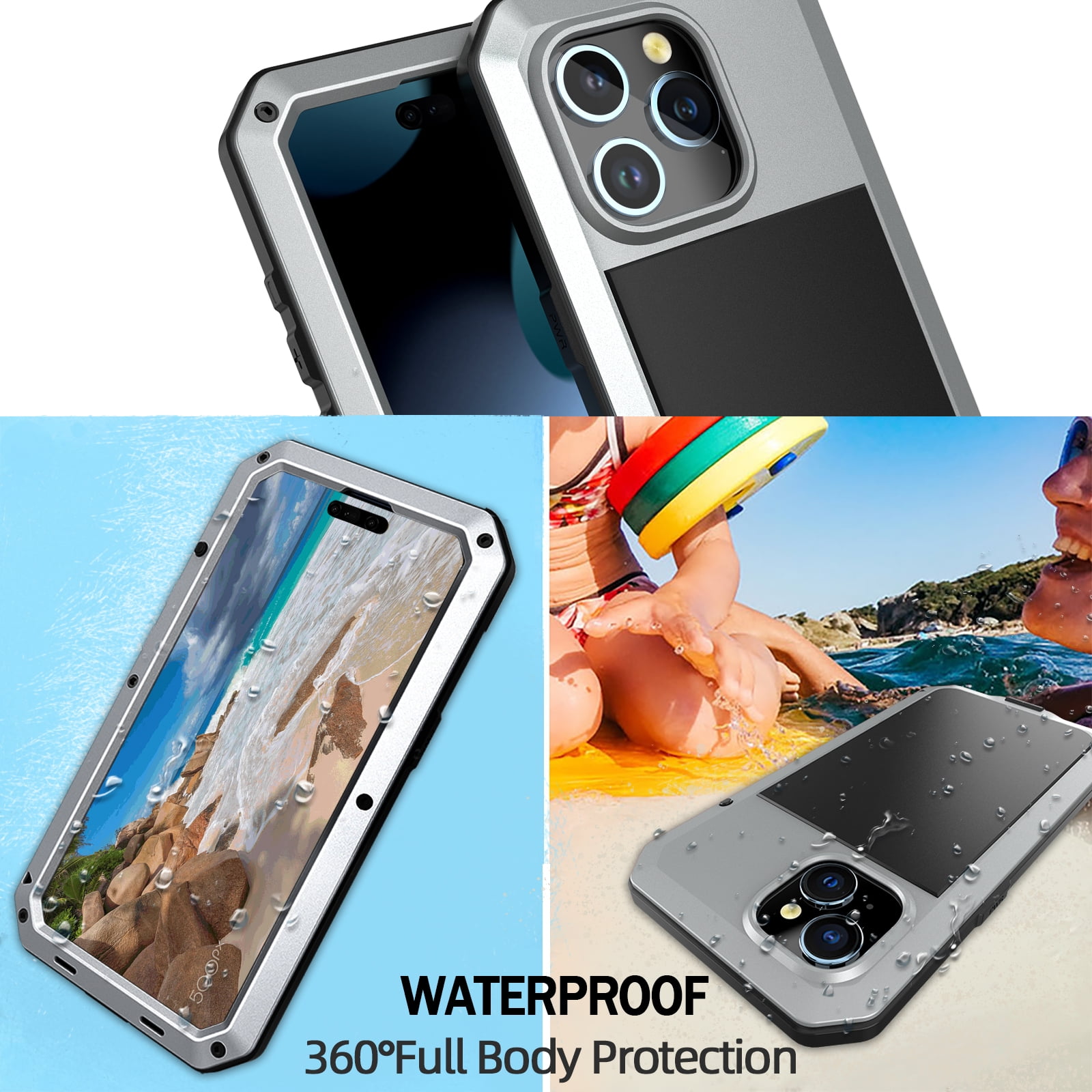 for iPhone 15 Case, 360 Full Body Protective Cover Heavy Duty Shockproof Armor Aluminum Alloy Metal Case with Silicone Built-in Screen Protector for iPhone 15, Silver