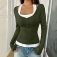 thumbnail image 2 of FRSASU Women's Long Sleeve Shirts Fake Two-Piece Camisole Button Slim Fitted T Shirts Fashion Going Out Tops Army Green, 2 of 6