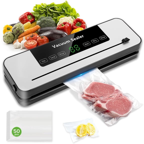 Yucurem Vacuum Sealer Machine with 50 Bags, Built-in Cutter, Auto Vacuum Sealer for Food with Dry & Moist Modes, Compact Design for Food Storage