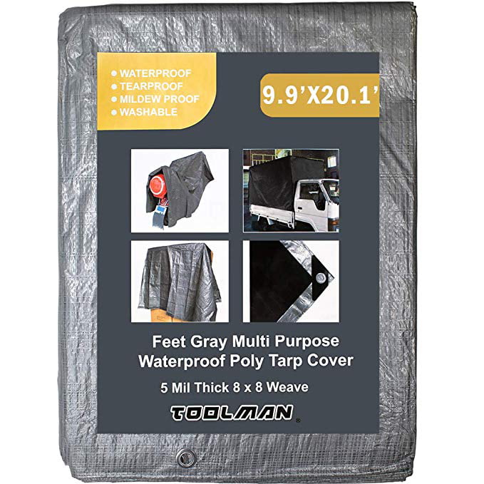 Toolman 9.9 x 20.1 Feet Gray Multi Purpose Waterproof Poly Tarp Cover 5Mil Thick 