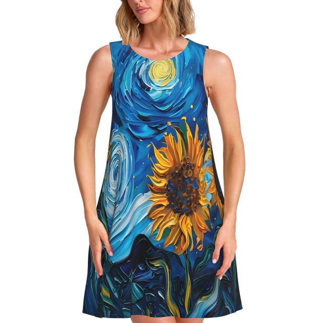 Disketp Starry Night Sunflower Field para Vestido sin Mangas para Mujeres, Vestidos de Verano para Mujeres, Casual y Holgado para la Playa