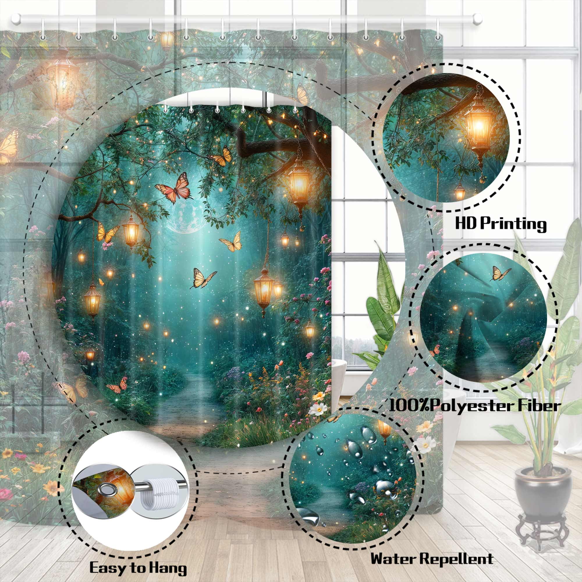 Fairy Enchanted Forest Shower Curtain, Spring Fantasy Wonderland Jungle Girls Flower Bath Curtain, Natural Scenery Shower Curtain Set with Hooks for Bathroom Decor Accessories, 70X75in