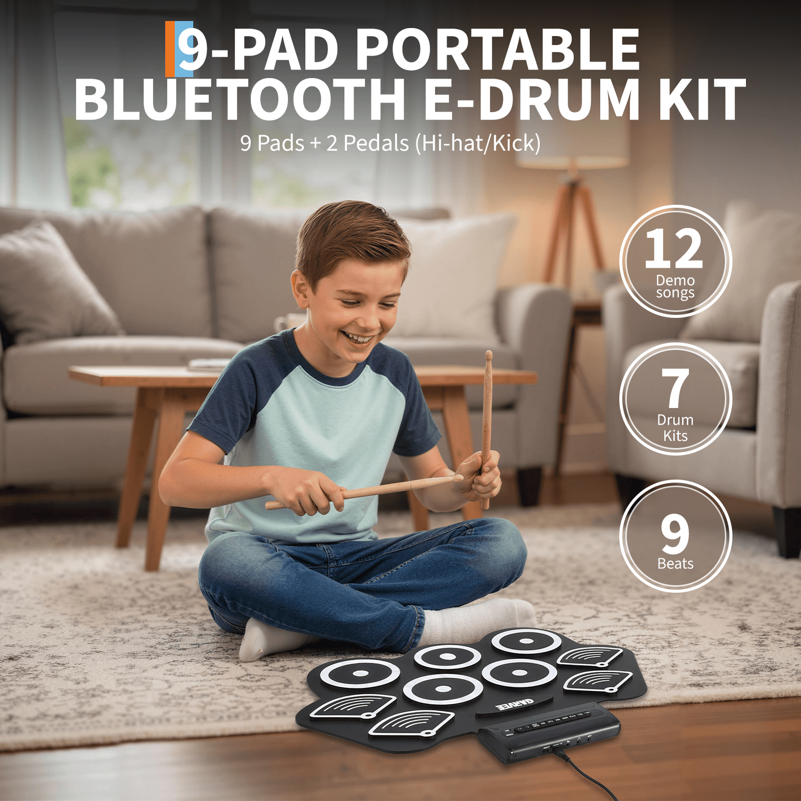 Electronic Drum Set 9 Pads Roll Up Drum Kit With Free App, Dual Built-In Speakers, Drum Sticks Pedals, Bluetooth MIDI, Great Christmas & Birthday Gift For Kids and Beginners