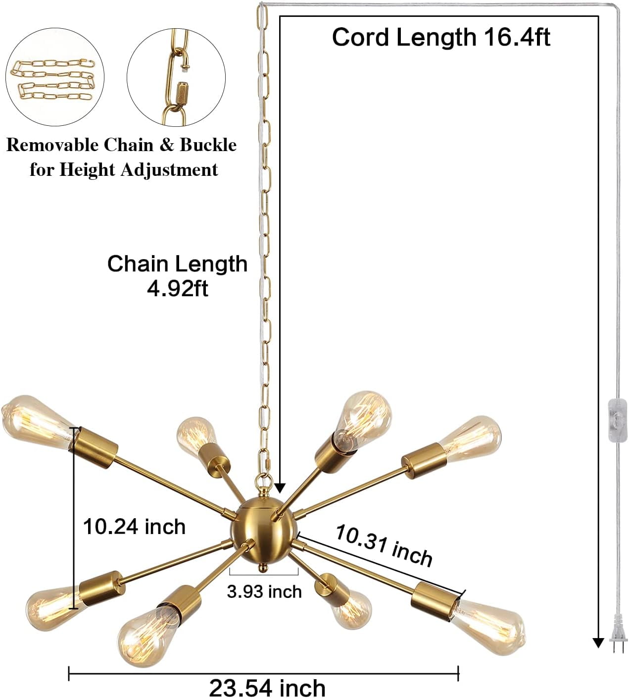 Senhu Plug-in Sputnik Chandeliers Gold, 8 Lights Modern Sputnik Lighting Fixture with Adjustable Height for Dining Room, Living Room, Kitchen, Bedroom and Hallway