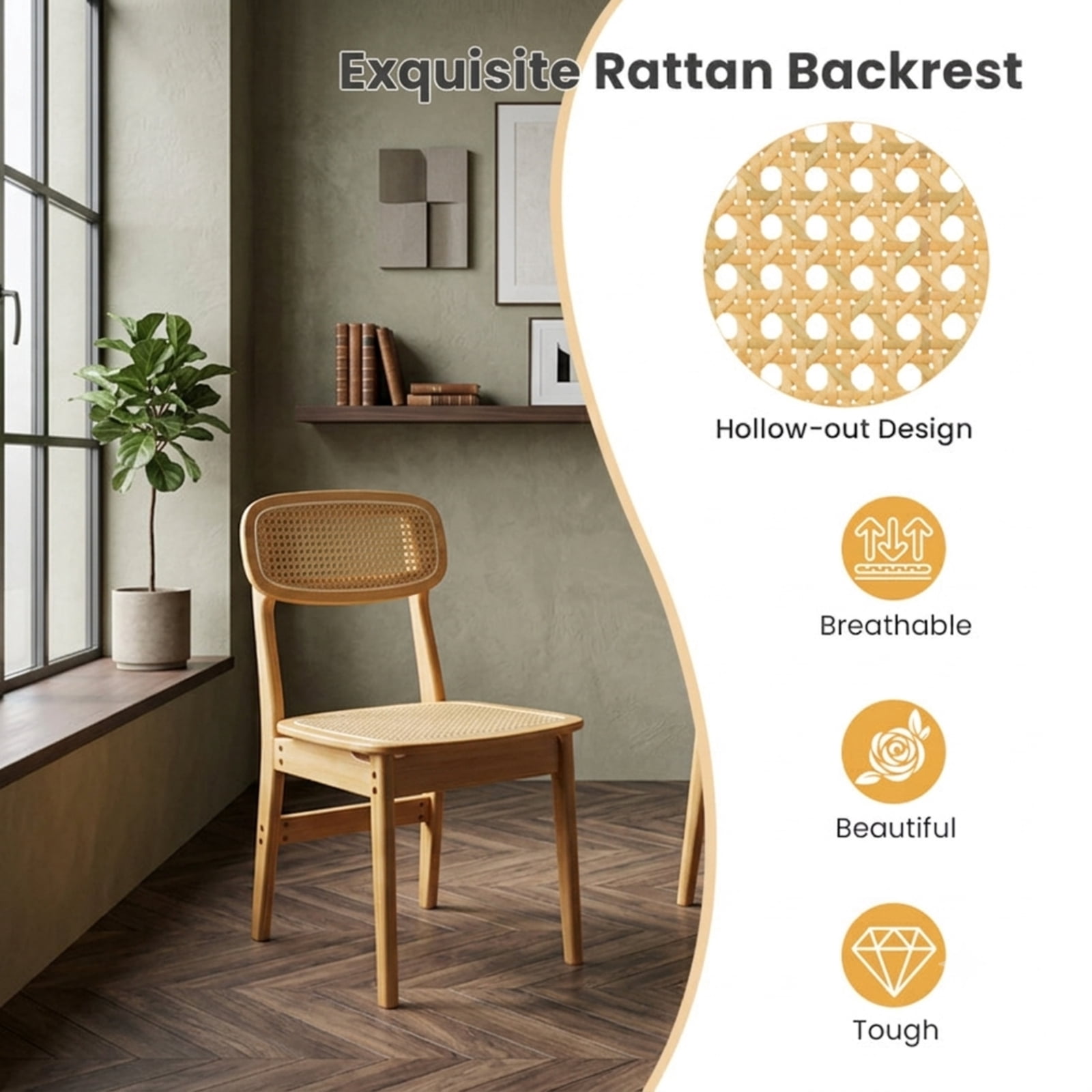 Furnibear Rattan Dining Chairs Set of 2 with Hollow Out Backrest and Wooden Legs Natural