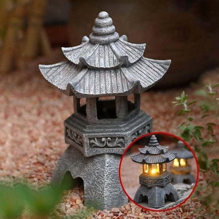 Solar Powered Japanese Style Pagoda Lantern Statue, Vintage Garden Light for Lawn Decor, Color A