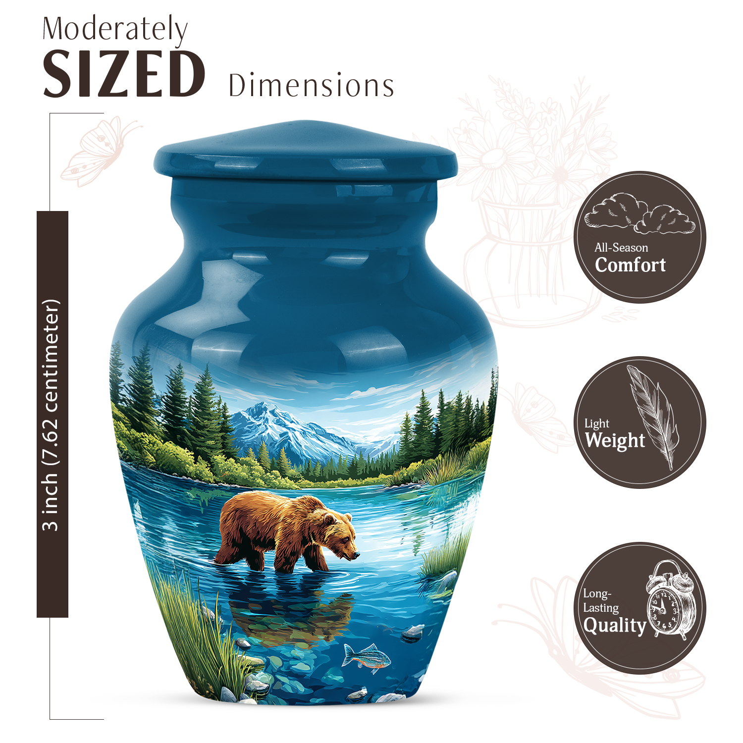 JAGASY Bear Small Urn for Sister, Blue Urn for Human Ashes Keepsake, River Trees Mountain & Blue Sky Decorative Urns for Siblings, Memorial Tiny Urns for Brother, (3 Inch)
