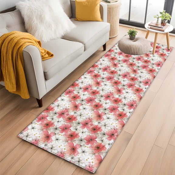 Runner Rug 2'x6', Spring Flowers Washable Non-Slip Hallway Runner Rugs, Farmhouse Chinese Pink White Floral Bedside Rugs Floor Mats Carpet Runners for Kitchen Bathroom Laundry Room