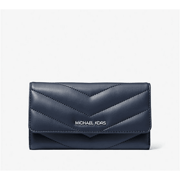 Michael Kors Women Large Trifold Leather Credit Card Holder Wallet Navy Silver