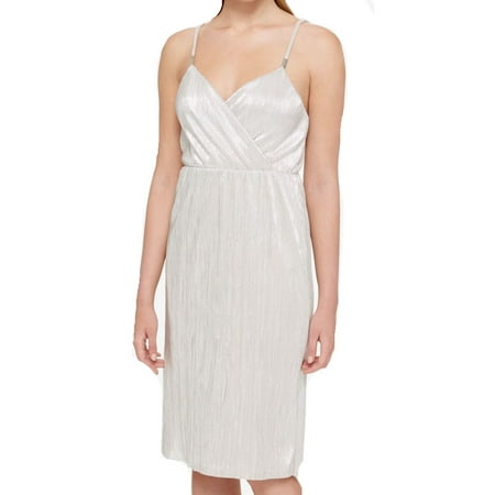 Silver Surplice - Guess NEW Silver Womens Size 8 Shimmer Surplice Neck Sheath Dress