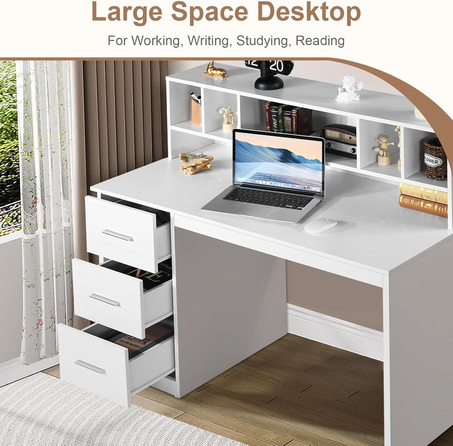 DreamCurship White Desk with Drawers, Home Office Desk with Hutch Shelf, Wood Study Writhing Desk for Kids, White