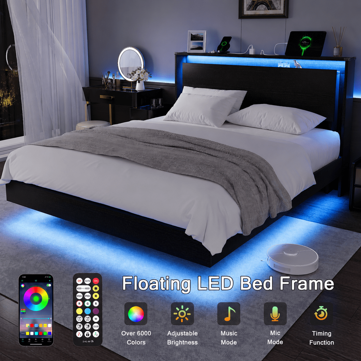 Einhomn Full Size Floating Bed Frame with  LED Lights & Charging Station,Wood Platform Bed Frame with Storage Headboard,Noise Free,No Box Spring Needed,Easy to Assemble-Black