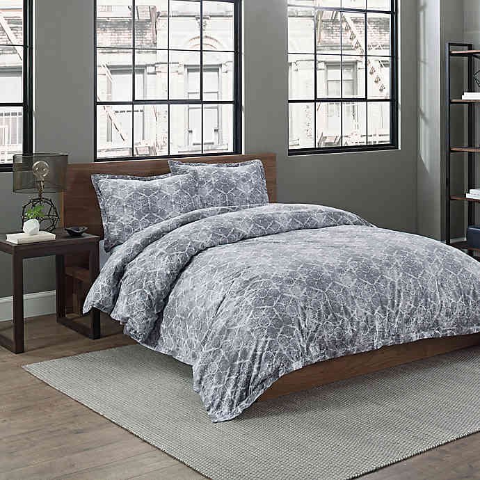 Garment Washed Printed Twin/Twin XL Duvet Cover Set in Grey Medallion