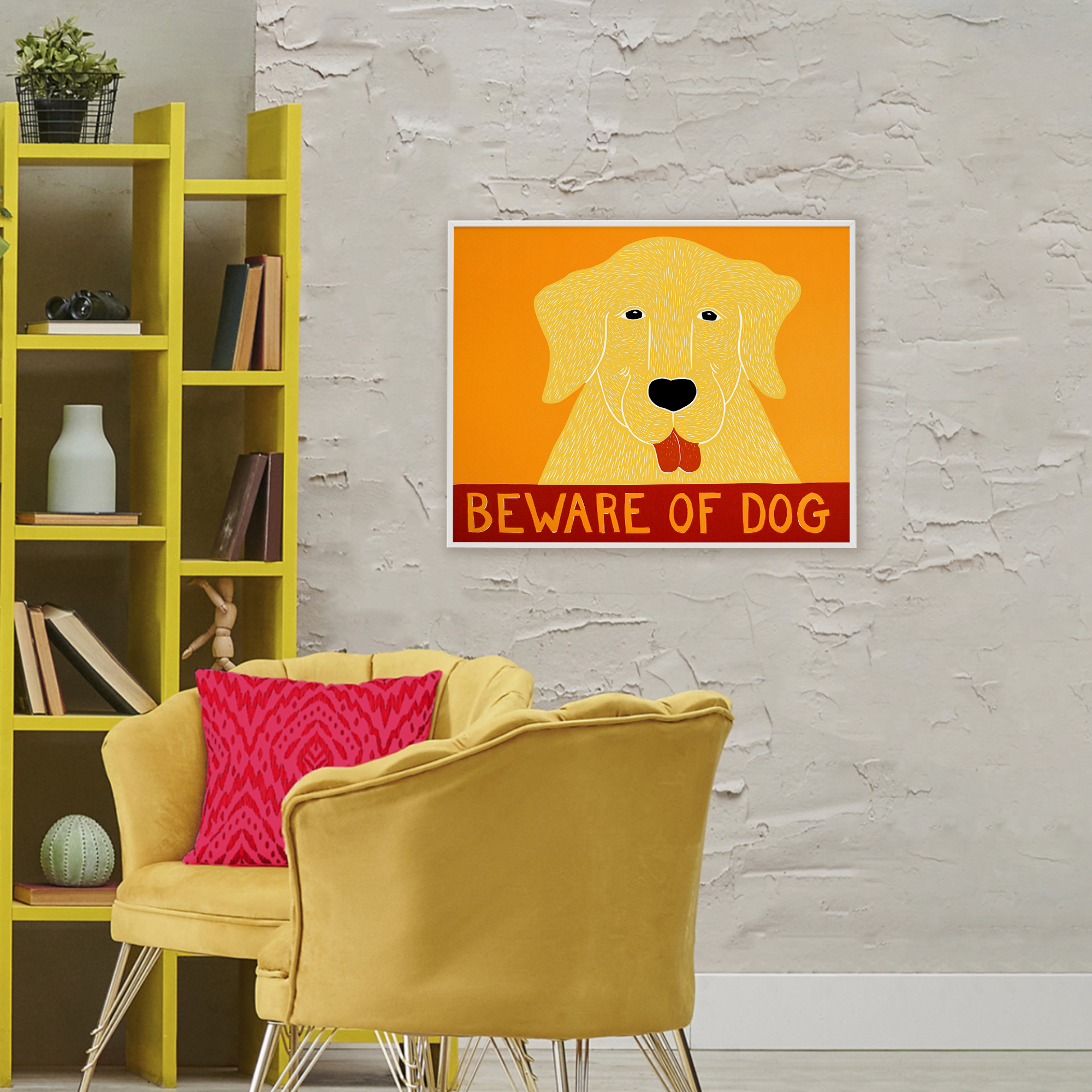 Beware Of Dog Yellow & Red White Framed Giclee Art, design by Stephen Huneck