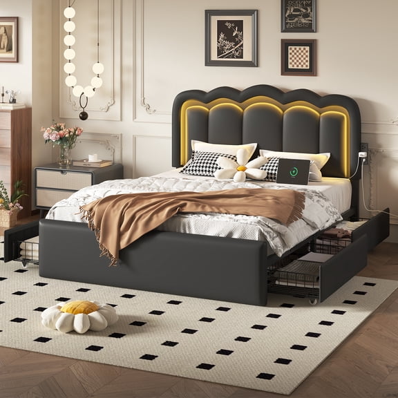 Full Size Bed Frame with 4 Storage Drawers and LED Lights, Upholstered Platform Bed with Adjustable Chic Double Wavy Headboard, Charging Station, Metal Slats Support, White
