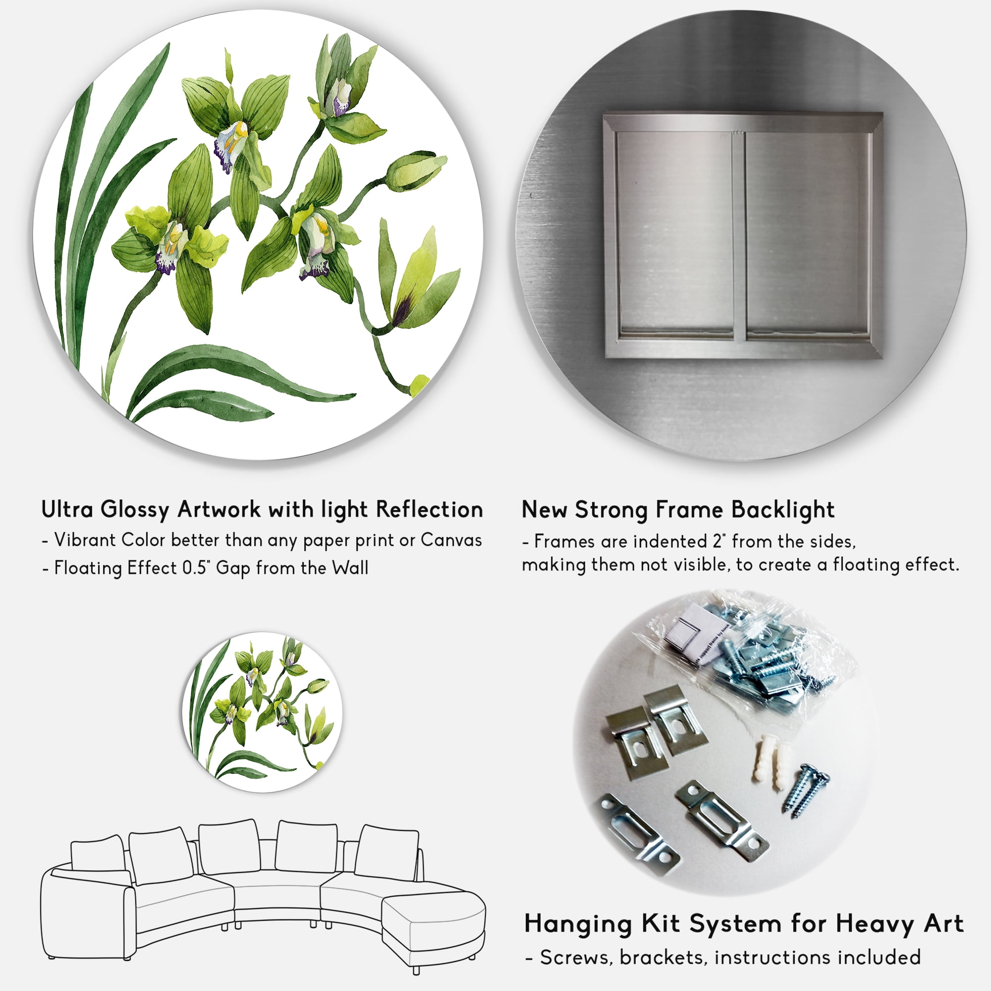Designart 'Green Orchid Flowers On White' Traditional Circle Metal Wall Art 29x29 - Disc of 29