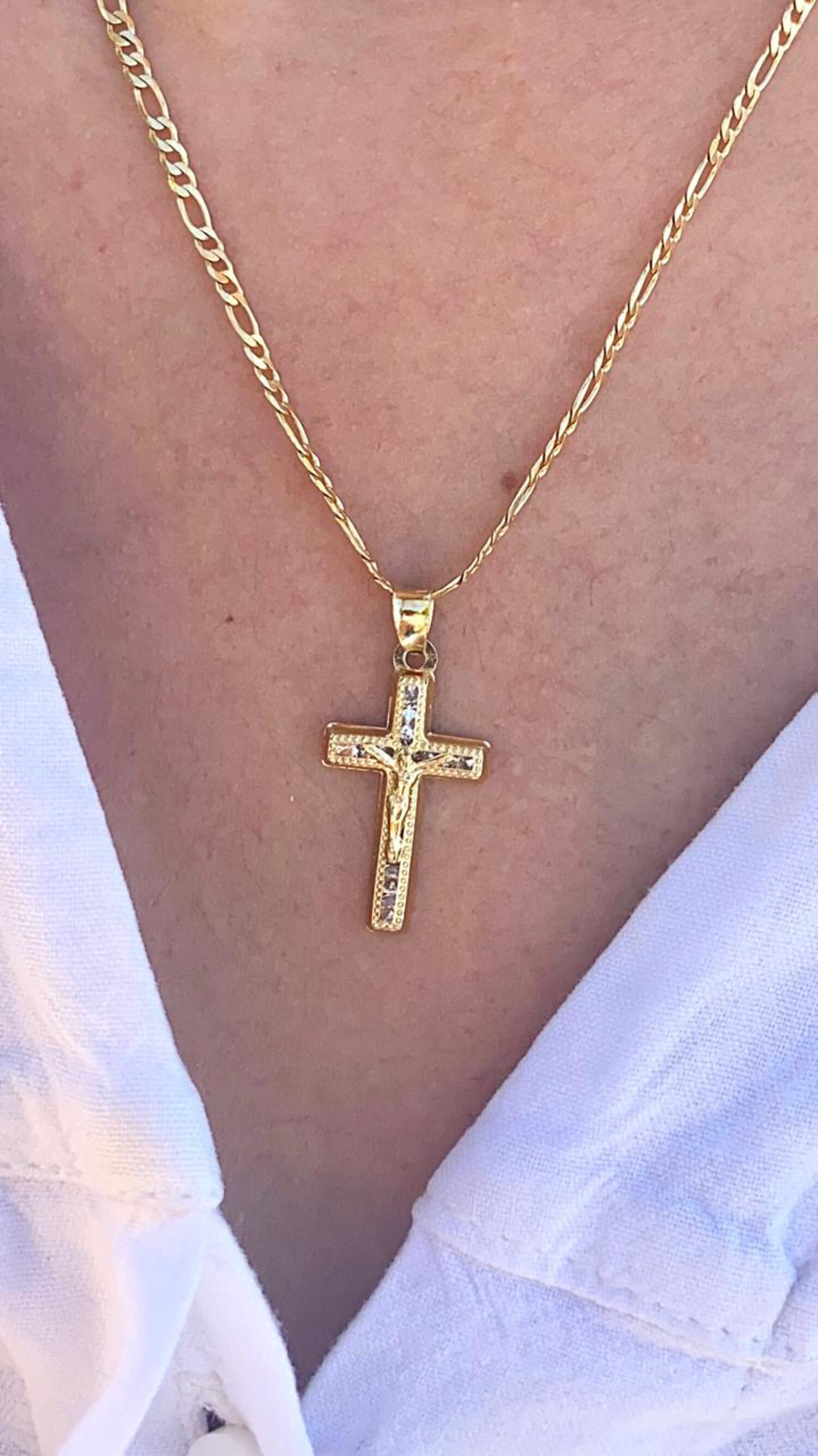★COURONNE★ Bellini G Bella Cross 22_RXBRX23114NAX CZ Cross Charm Necklace Figaro Chain 14K Gold Filled