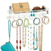 mDesign Steel Wall Mount Jewelry Organizer Rack with 8 Hooks/Basket, White