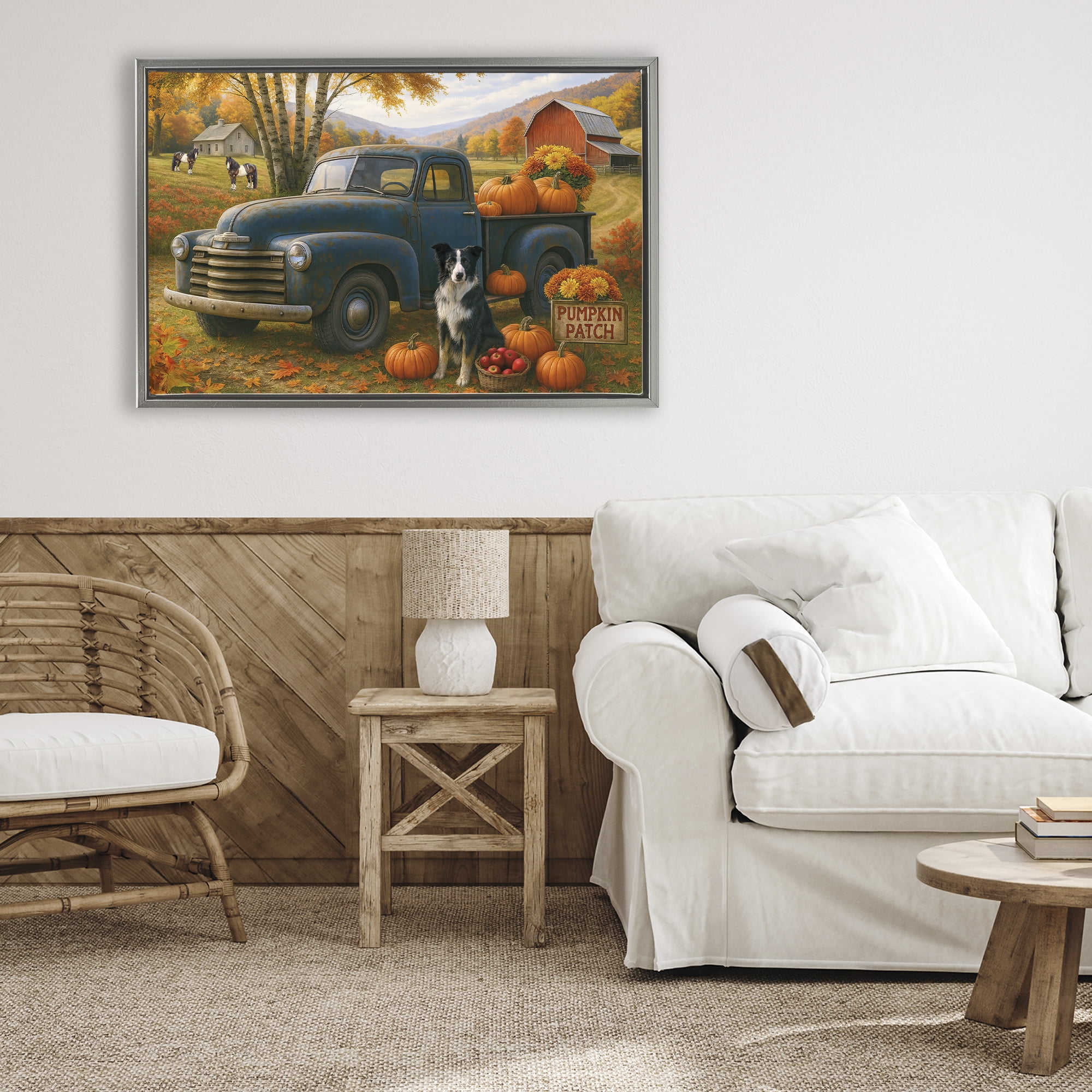 Autumnal Farmland Collie Dog Gray Framed Floater Canvas Wall Art, design by Tom Crehan
