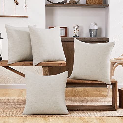 Deconovo Textural Faux Linen Throw Cushion Case Pillow Cover with Invisible Zipper for Couch 18 x 18 Inch Light Flax Set of 4 No Pillow Insert
