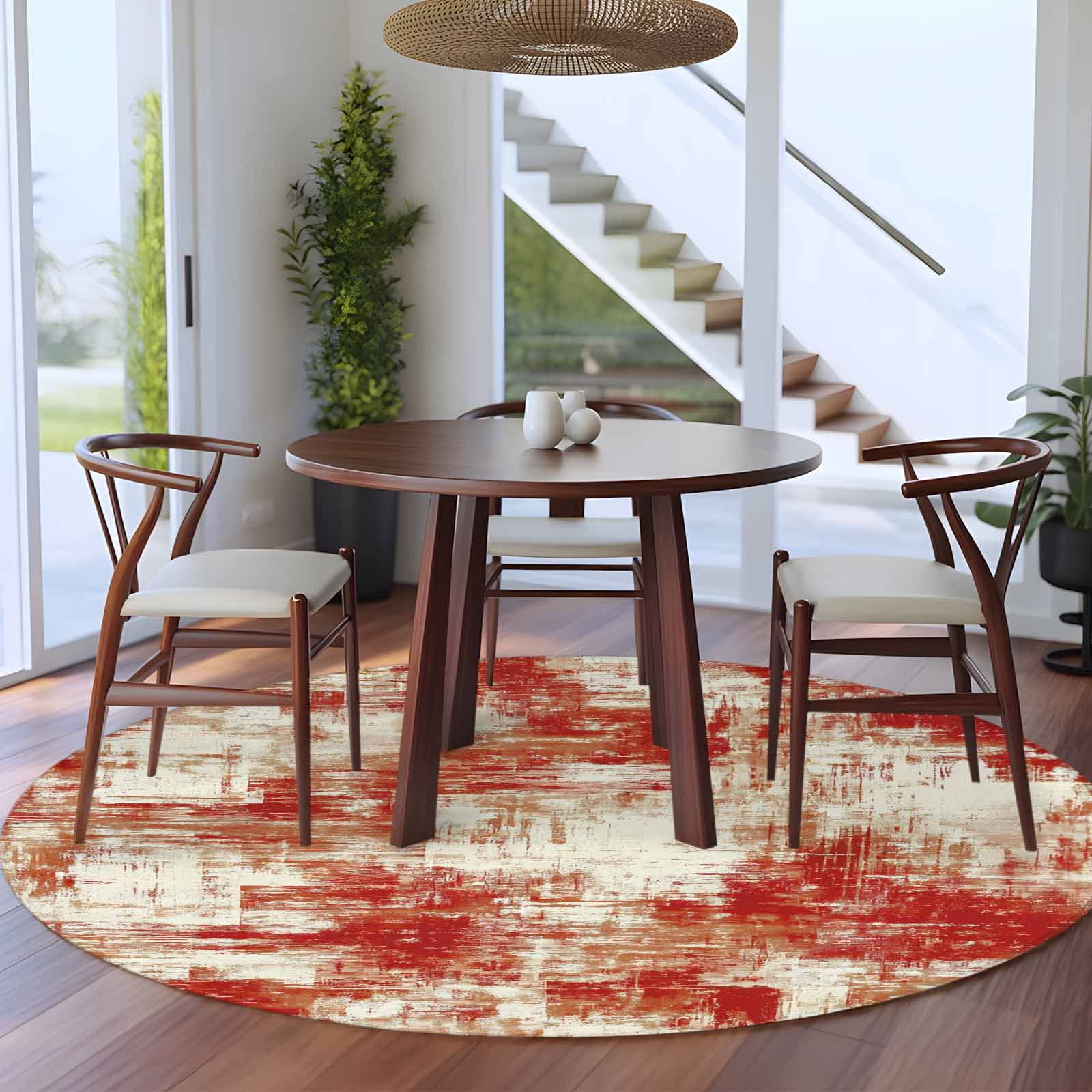 Round Area Rug 8 Ft, Red Ombre Washable Non-Slip Circle Carpet for Living Room/Bedroom, Gradient Abstract Art Vintage Collection Low-Profile Large Area Rugs for Indoor