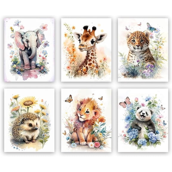 Kids Wall Art Canvas Prints,Watercolor Animal Nursery Wall Poster,Safari Animals Flowers Wall Art Print,Boy & Girl Baby Room Wall art Decor,Set of 6(8x10 inch,Unframed)