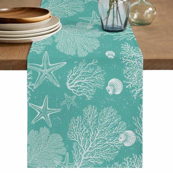 Teal Coastal Cotton Linen Table Runner for Dining Kitchen, Starfish Coral Summer Beach Ocean Wedding Outdoor Party Tablerunners Decoration, Dresser Scarf Coffee Tablecloth Runners 13x72 Inches