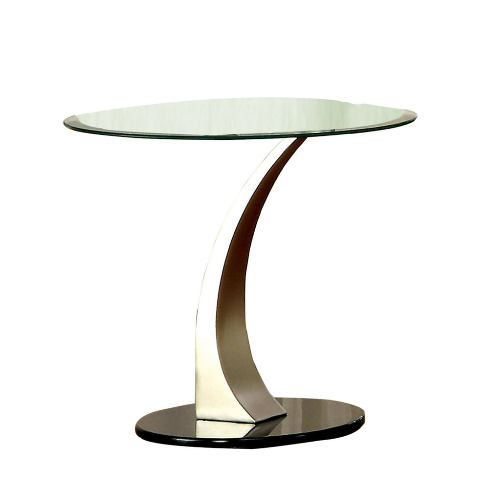 Round Glass Top End Table with Curved Pedestal Base, Black and Silver
