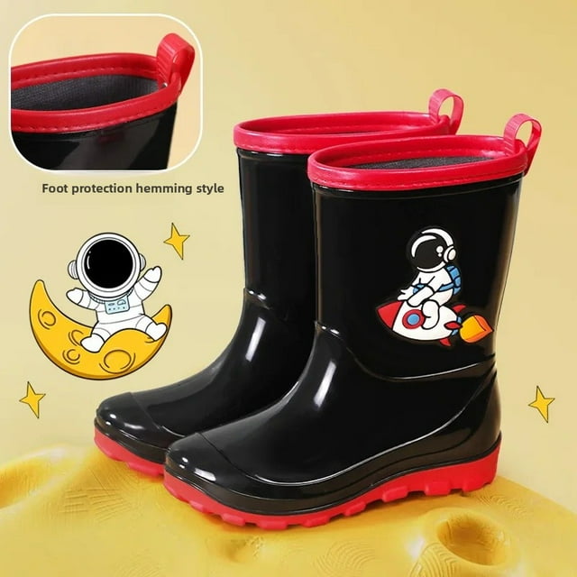 Botas de lluvia de astronauta para niños, zapatos de agua antideslizantes Unisex, botas para jugar en el agua al aire libre, zapatos negros de talla grande para niños pequeños